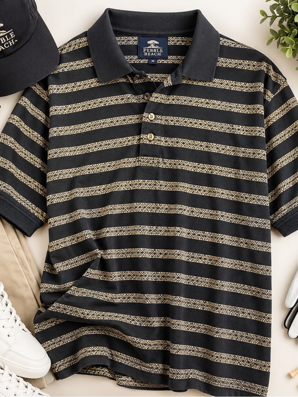 Pebble Beach Men’s Medium Black Tan Striped Mercerized Cotton Golf Polo